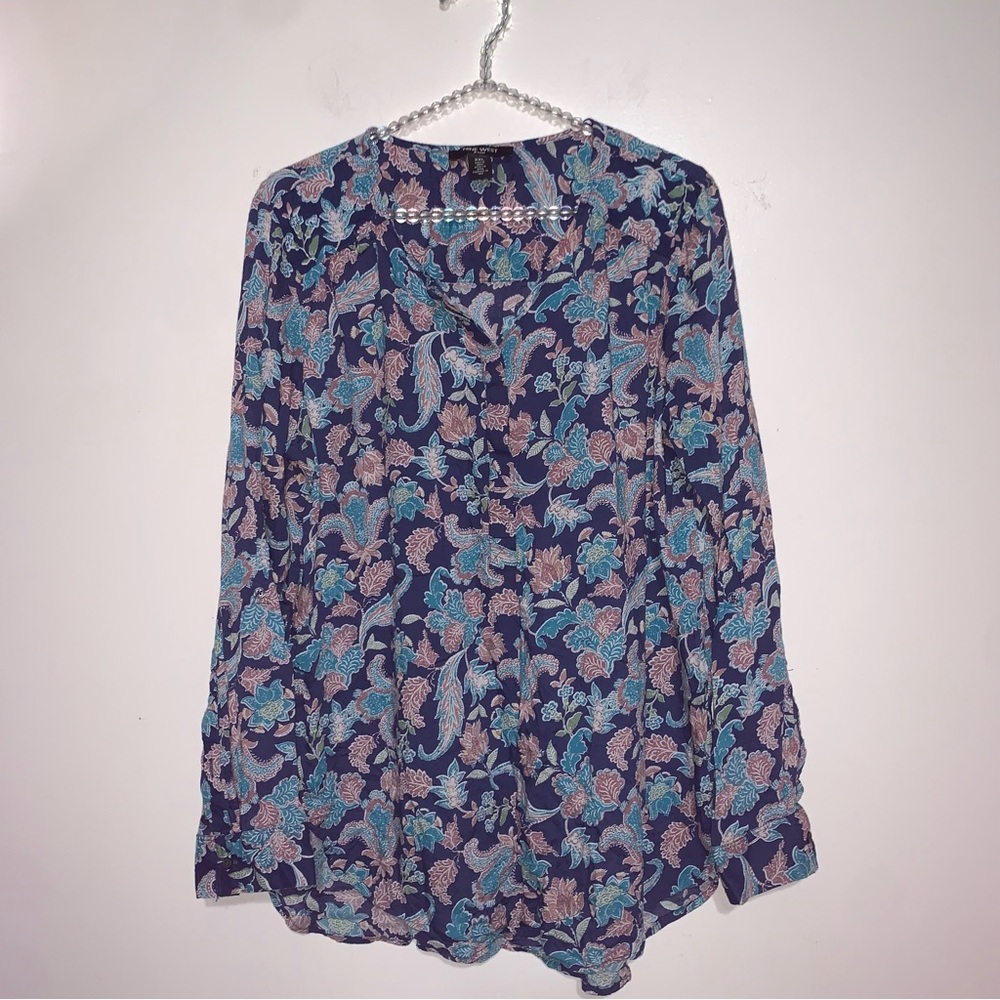 NINE WEST Blue Shirt XXL Navy Harbour Enchanted Botanical Tunic Floral Print